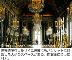 世界遺産ヴェルサイユ宮殿にもバンケットに対応した大小のスペースがある。閉館後にゆったりと。
